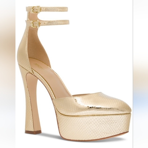 Michael Kors MARTINA METALLIC SNAKE EMBOSSED LEATHER ROUND TOE PALE GOLD NEW 7.5 - Picture 2 of 15